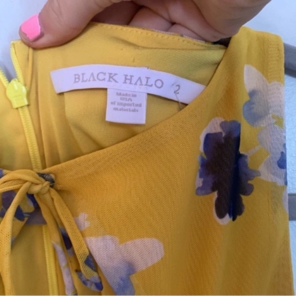 Black Halo Dress Rosalia Sheath Ruched in Gold Blue Floral - Picture 8 of 9